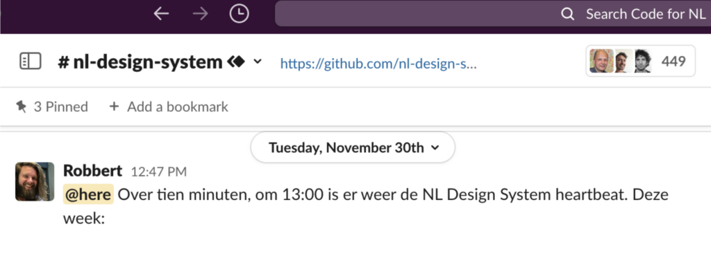 Screenshot van Slack #nl-design-system
