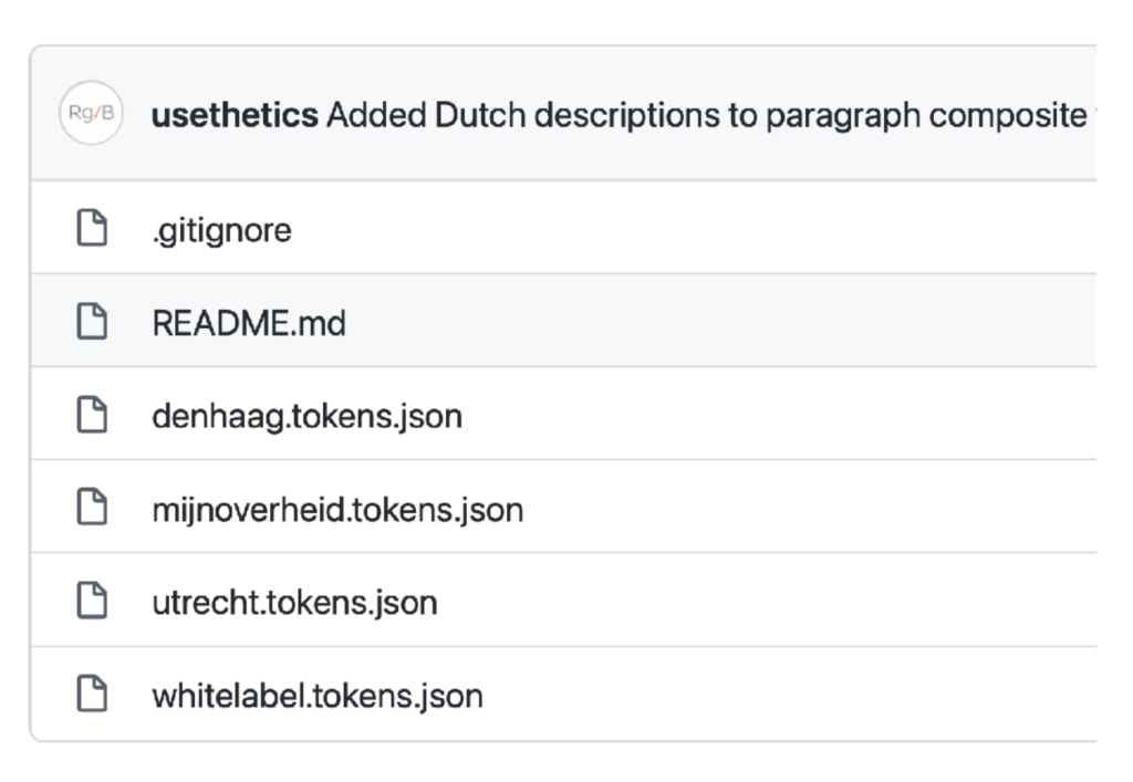 Screenshot van design token JSON bestanden in GitHub, van Den Haag, Utrecht en Mijn Overheid